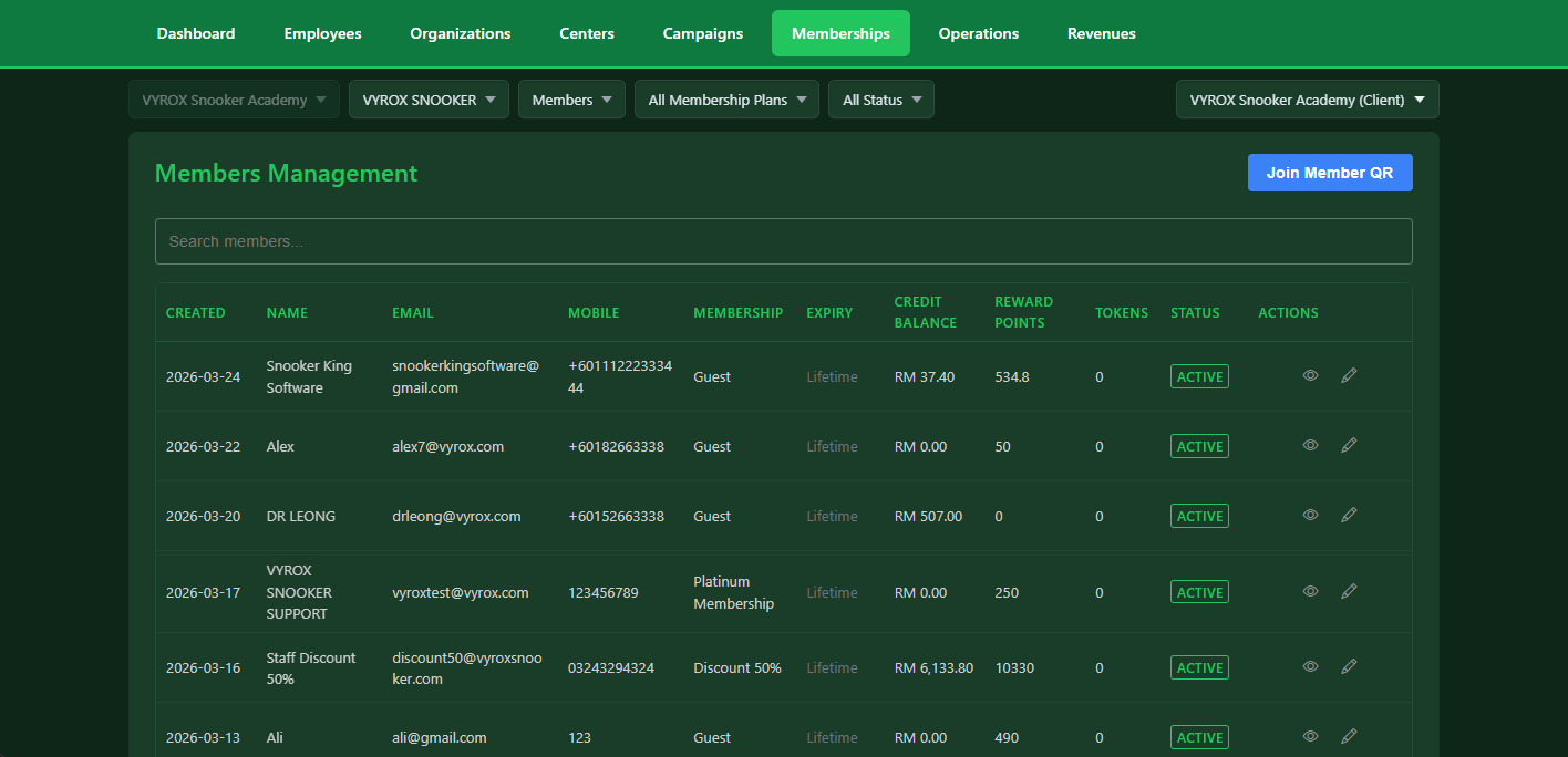 Snooker software membership members directory