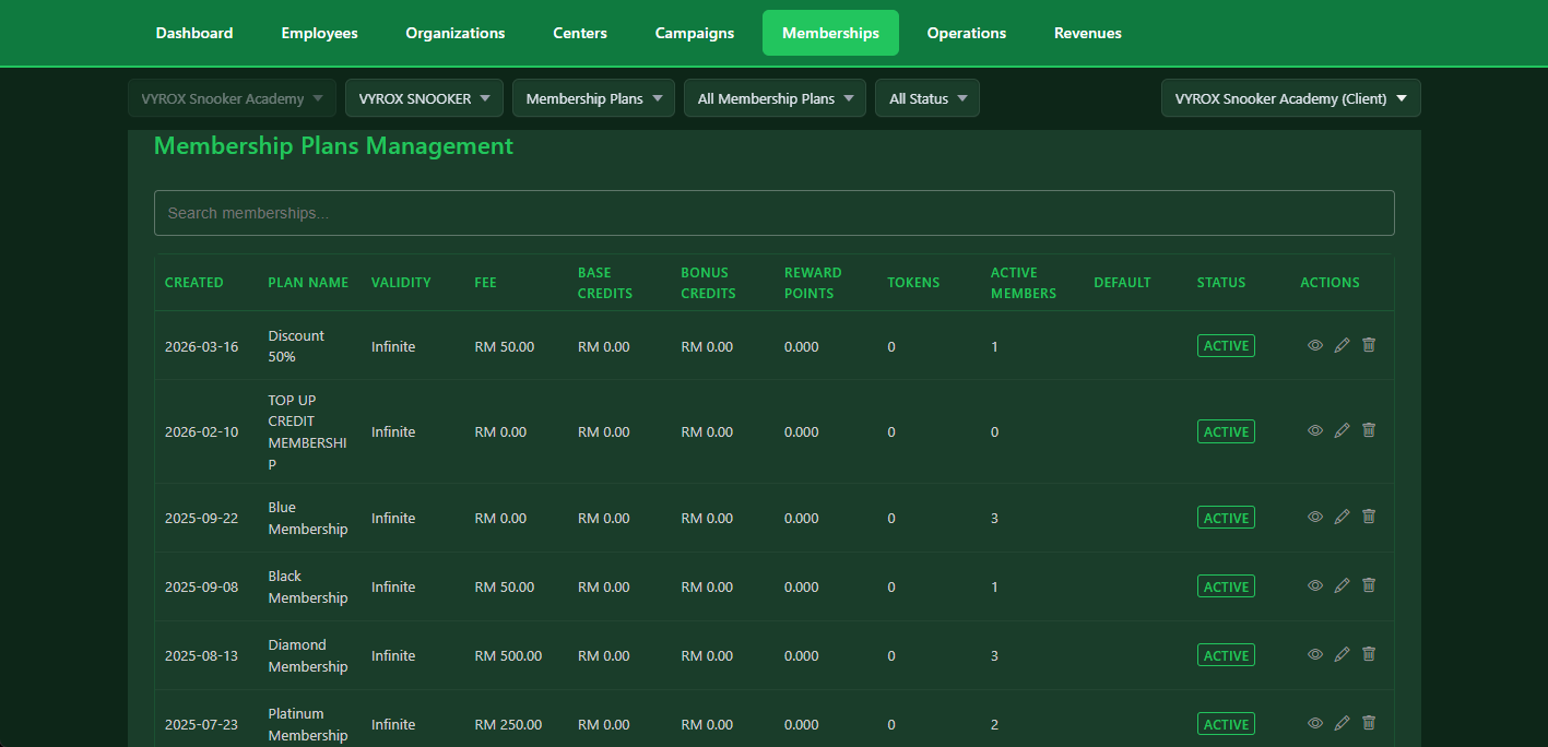 Snooker software multi-tier membership plan management