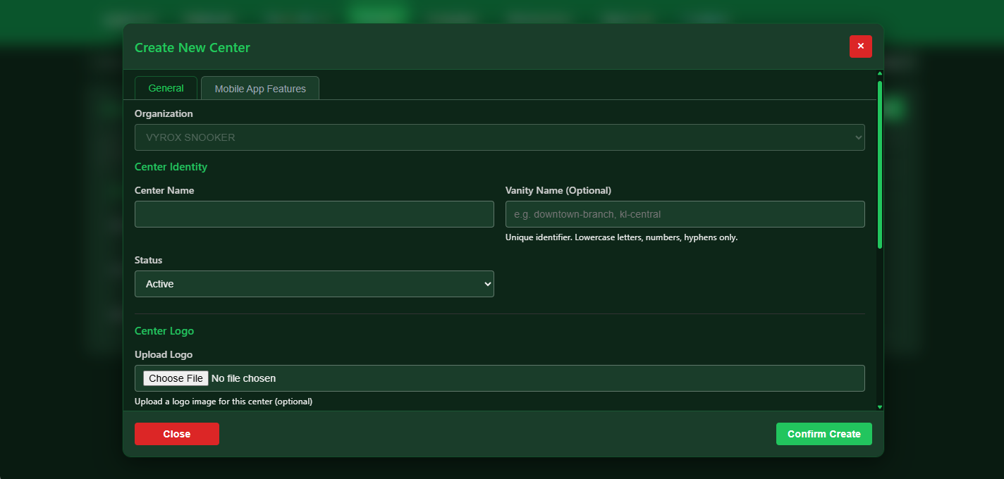 Snooker software create new center location