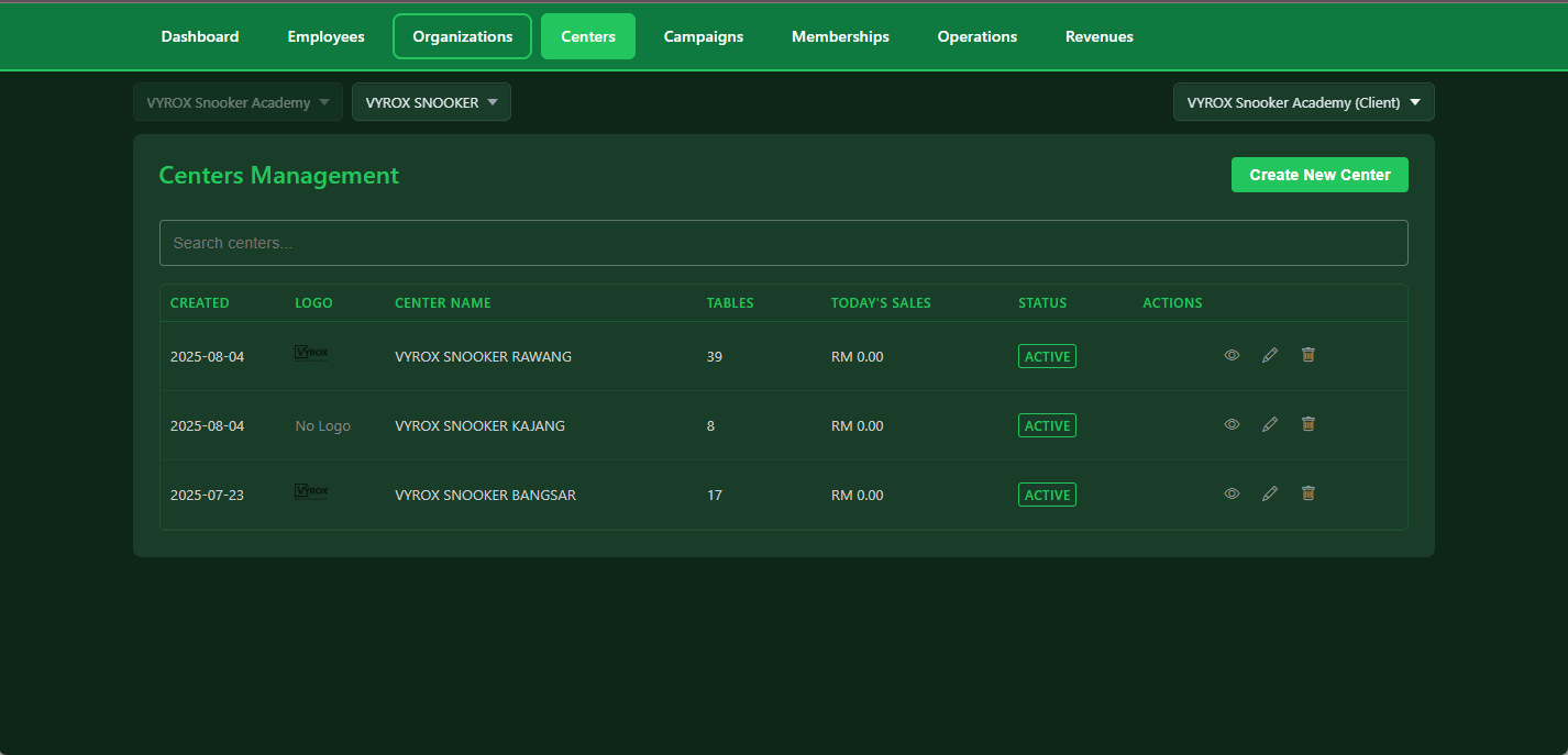 Snooker software multi-location center front page