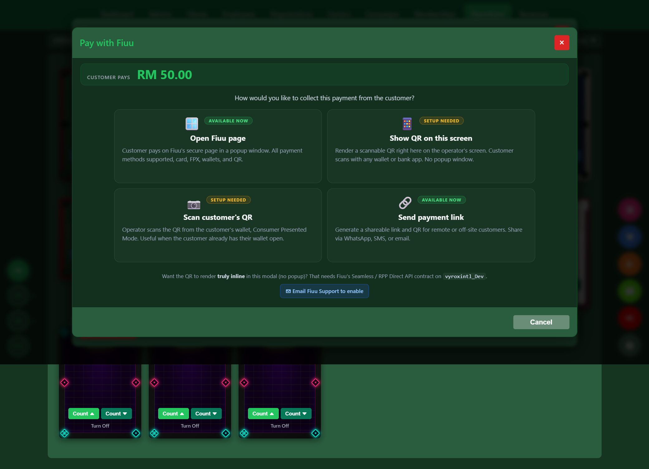 Four collection modes — your club picks the flow that fits the room; some need a Fiuu contract enabled before they go live