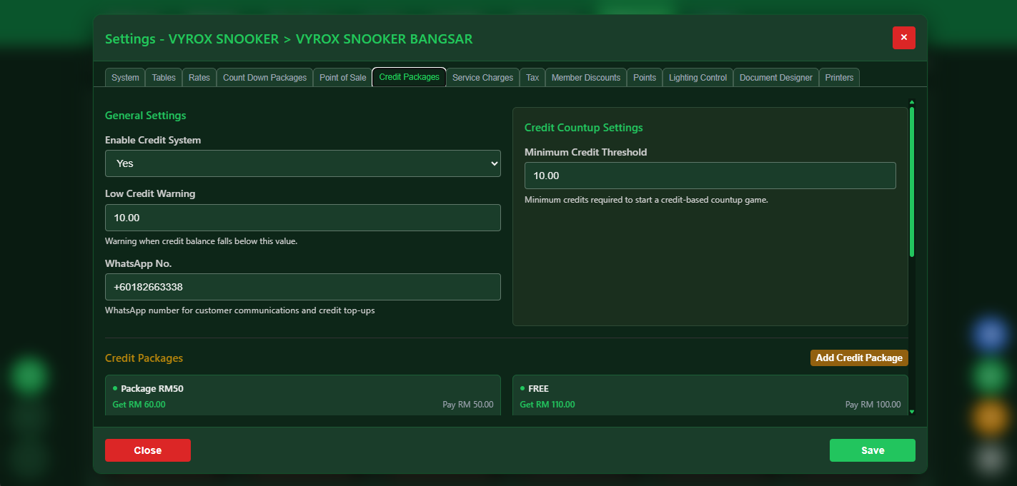 Snooker software credit package top-up system