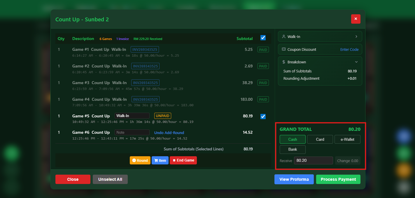 Snooker software multiple payment methods checkout
