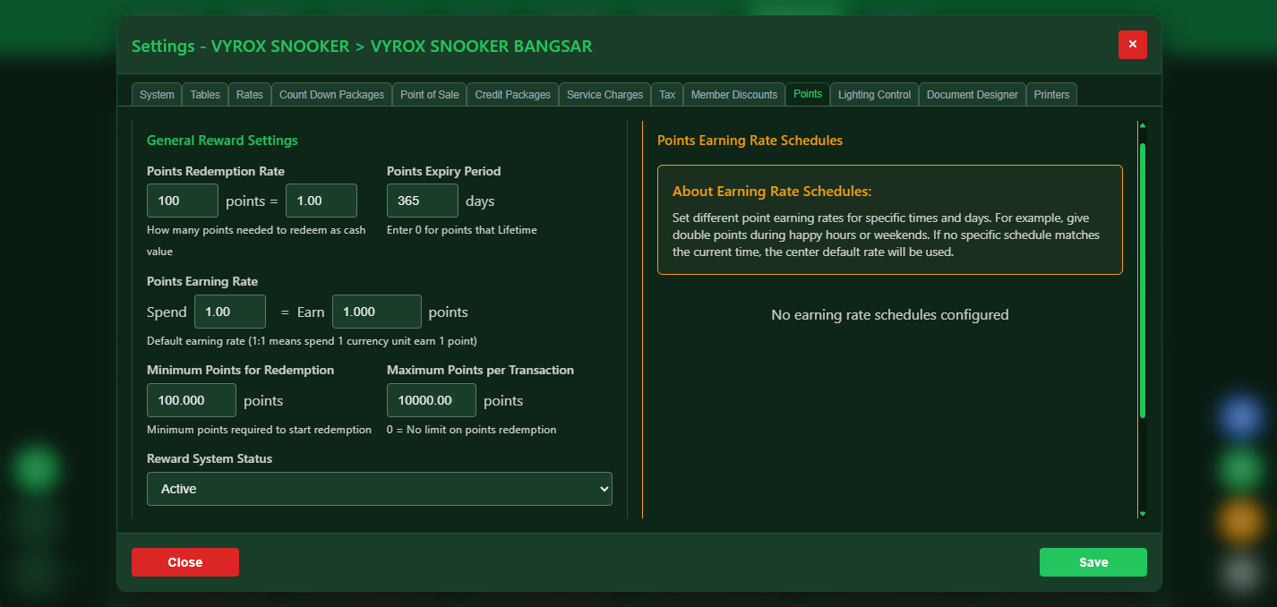 Snooker software reward points redemption at checkout