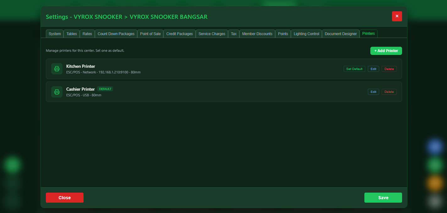 Snooker software thermal printer setup and configuration