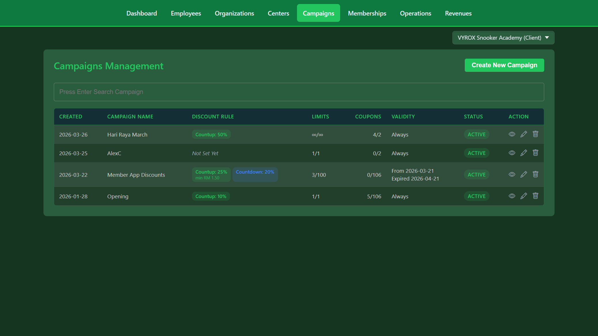 Snooker King active campaigns — every running promo at the lounge with discount, validity, and how many coupons left to claim