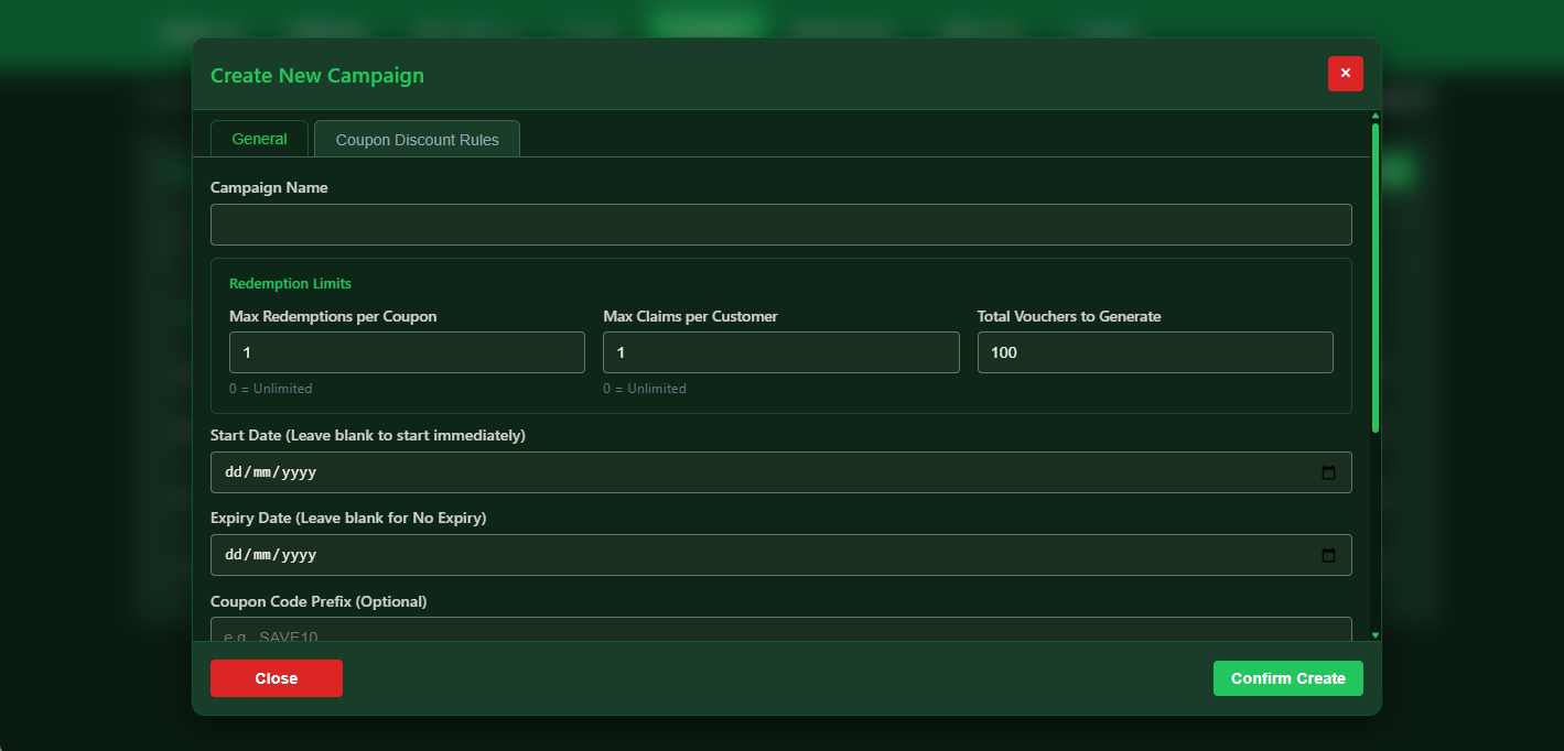 Snooker software create coupon campaign