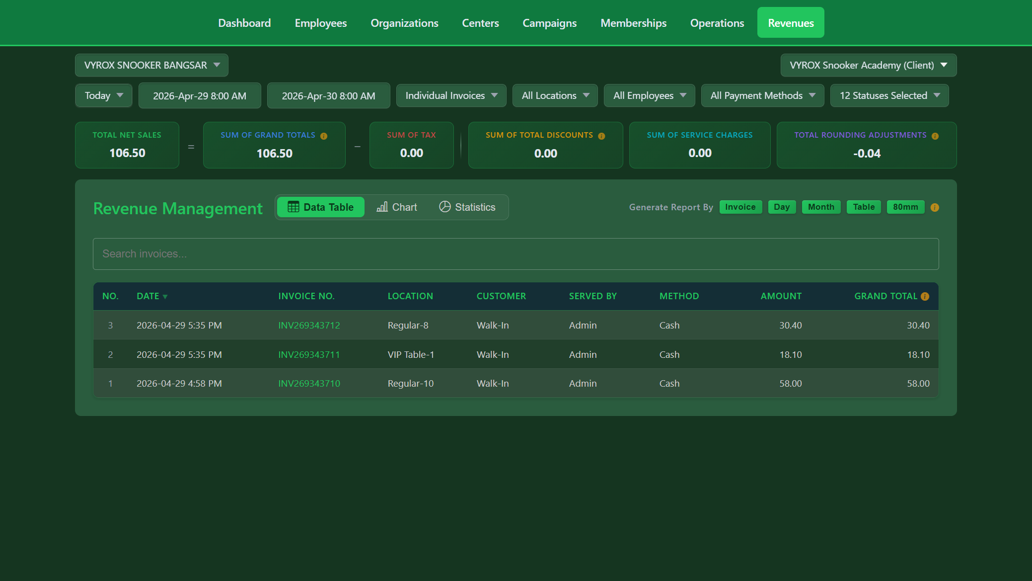 Snooker King transparent billing — members see itemised invoices and fair charges every visit