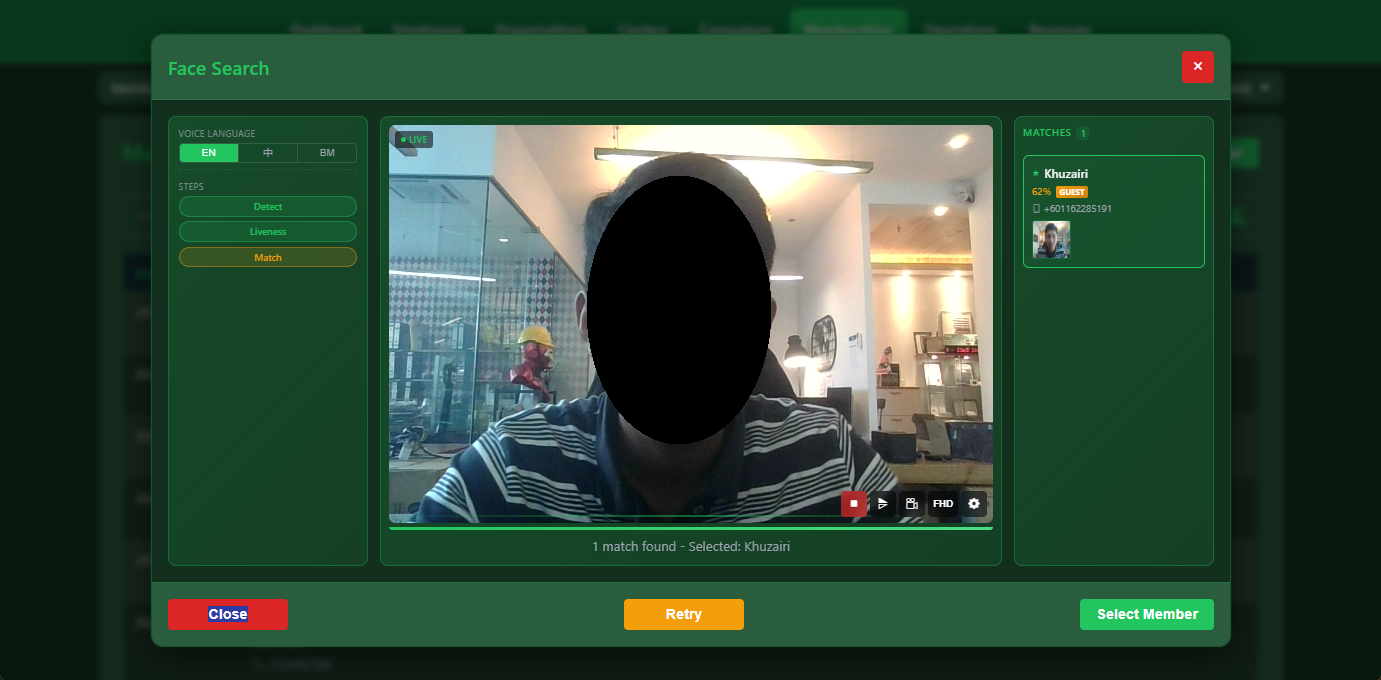 Snooker King face check-in — members walk in and the table is theirs, no card or QR needed