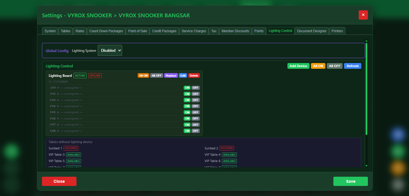 Snooker software IoT smart lighting control panel with MQTT automation