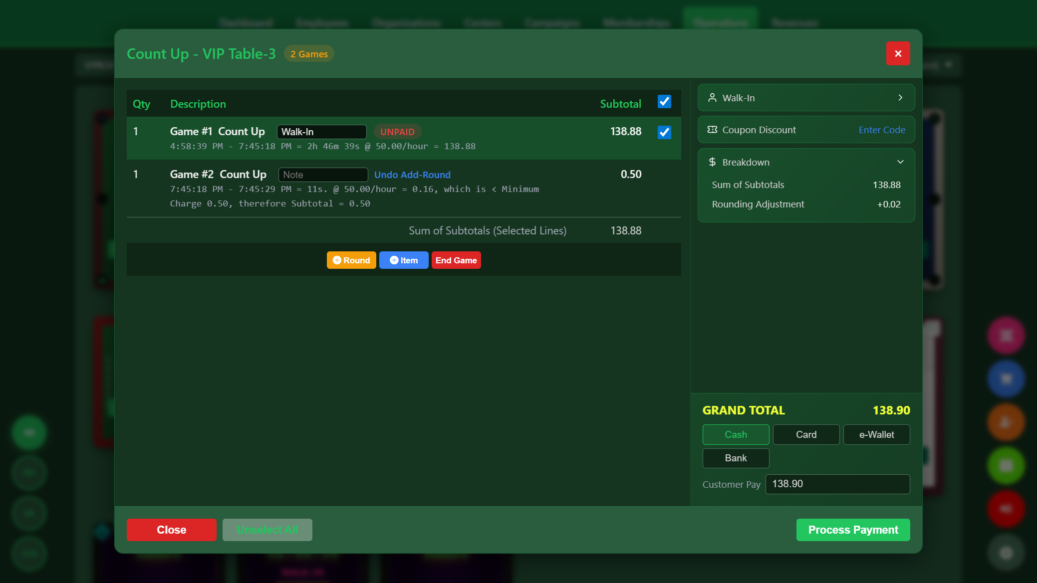 Snooker King checkout — members see their session breakdown, fair rounding and total before paying with cash, card, e-wallet or wallet credits