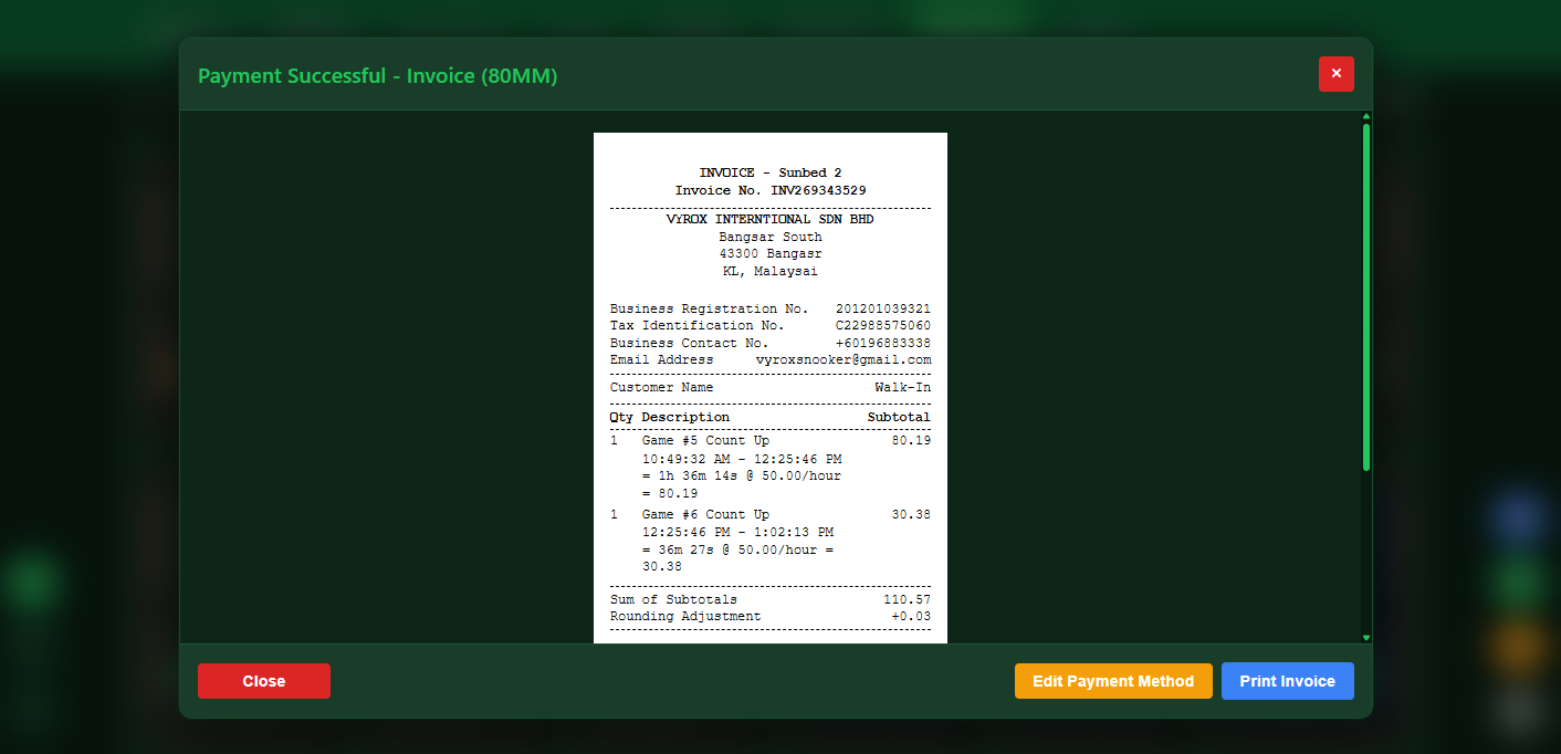 Snooker software split bill invoice view