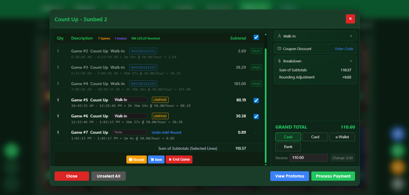 Snooker software split bill player selection interface
