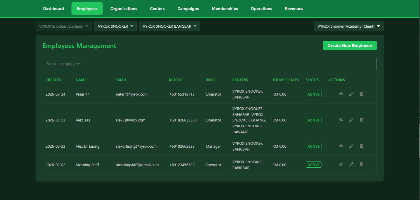 Snooker software employee management dashboard