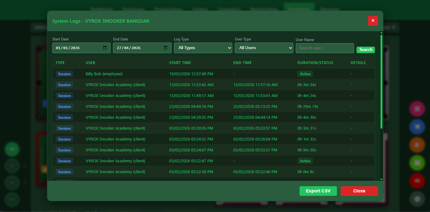 Snooker King team activity log — transparency for members that staff actions on their accounts are fully traceable