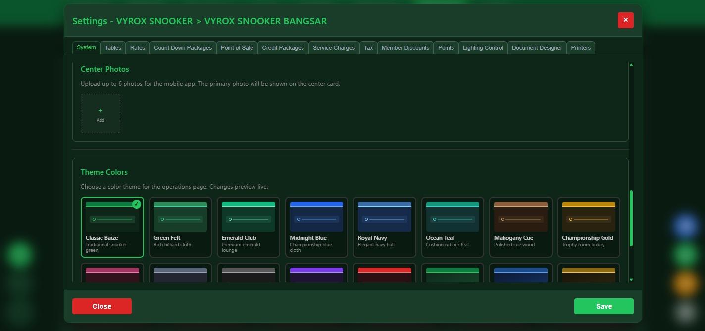 Snooker software theme colors customization