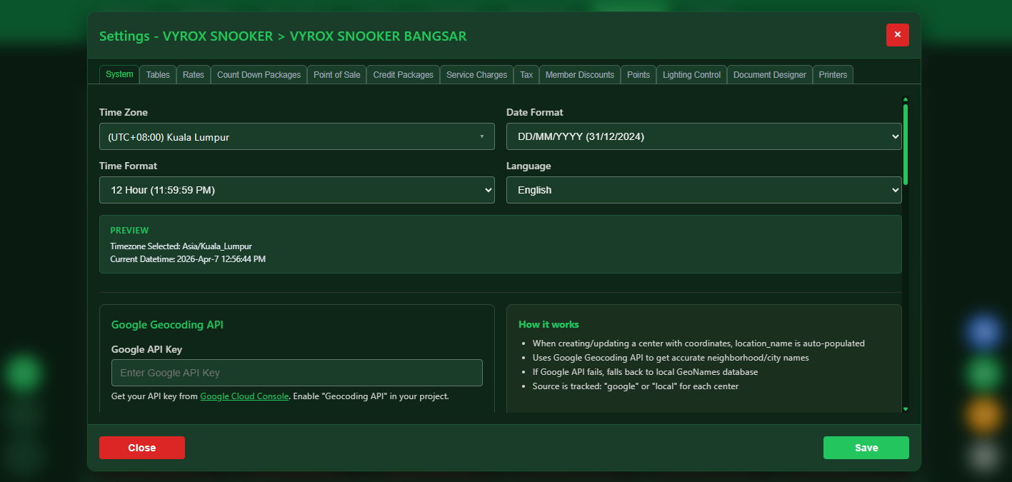 Snooker software timezone and language configuration