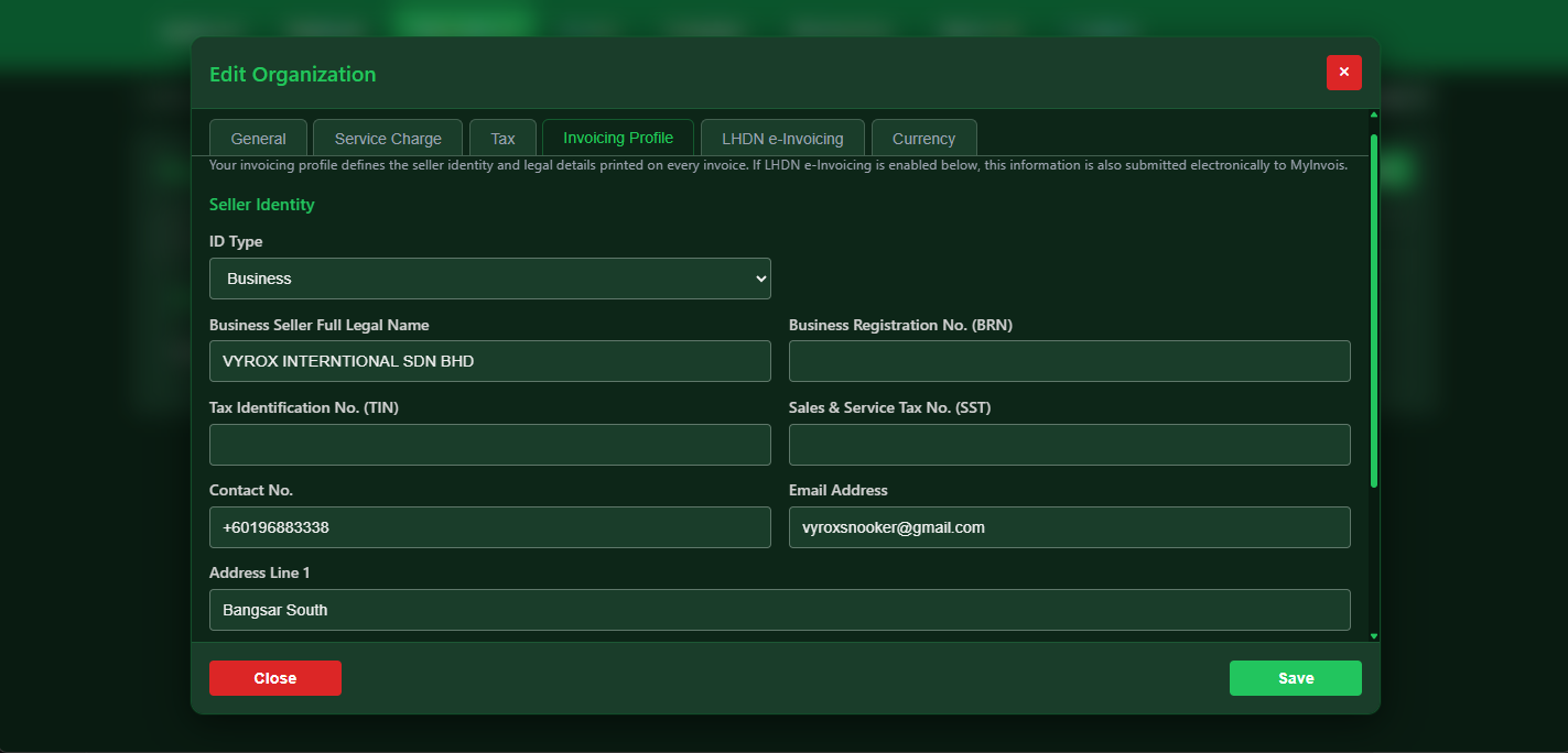 Snooker software LHDN invoice profile settings