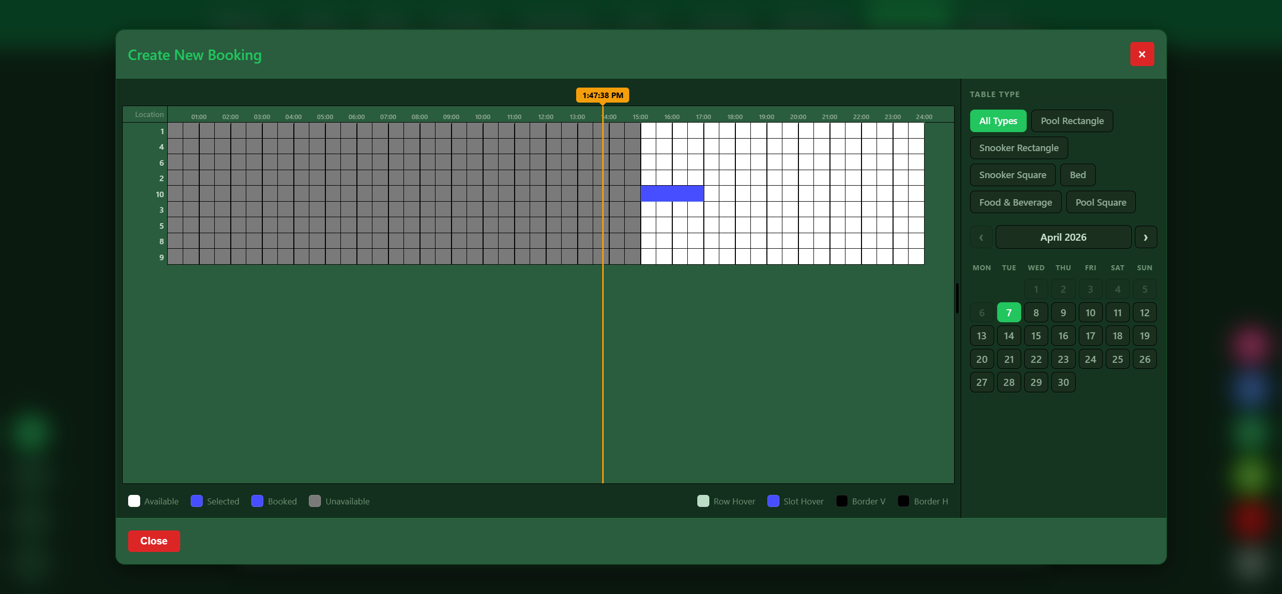 VIP SnookerKING advance table booking system with visual calendar for snooker center reservations