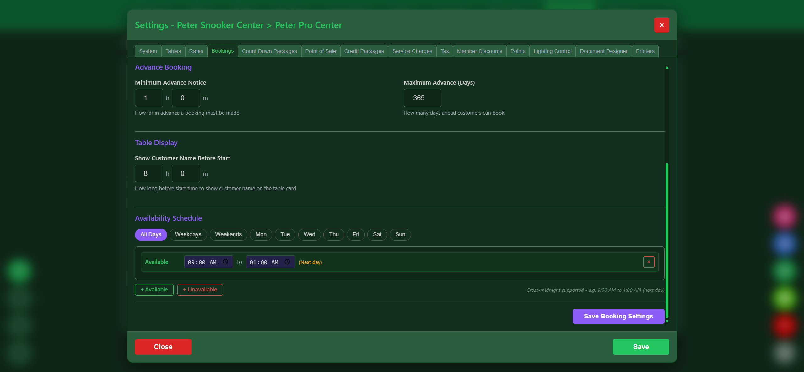 VIP SnookerKING booking availability and time slot configuration for managing snooker table reservation rules