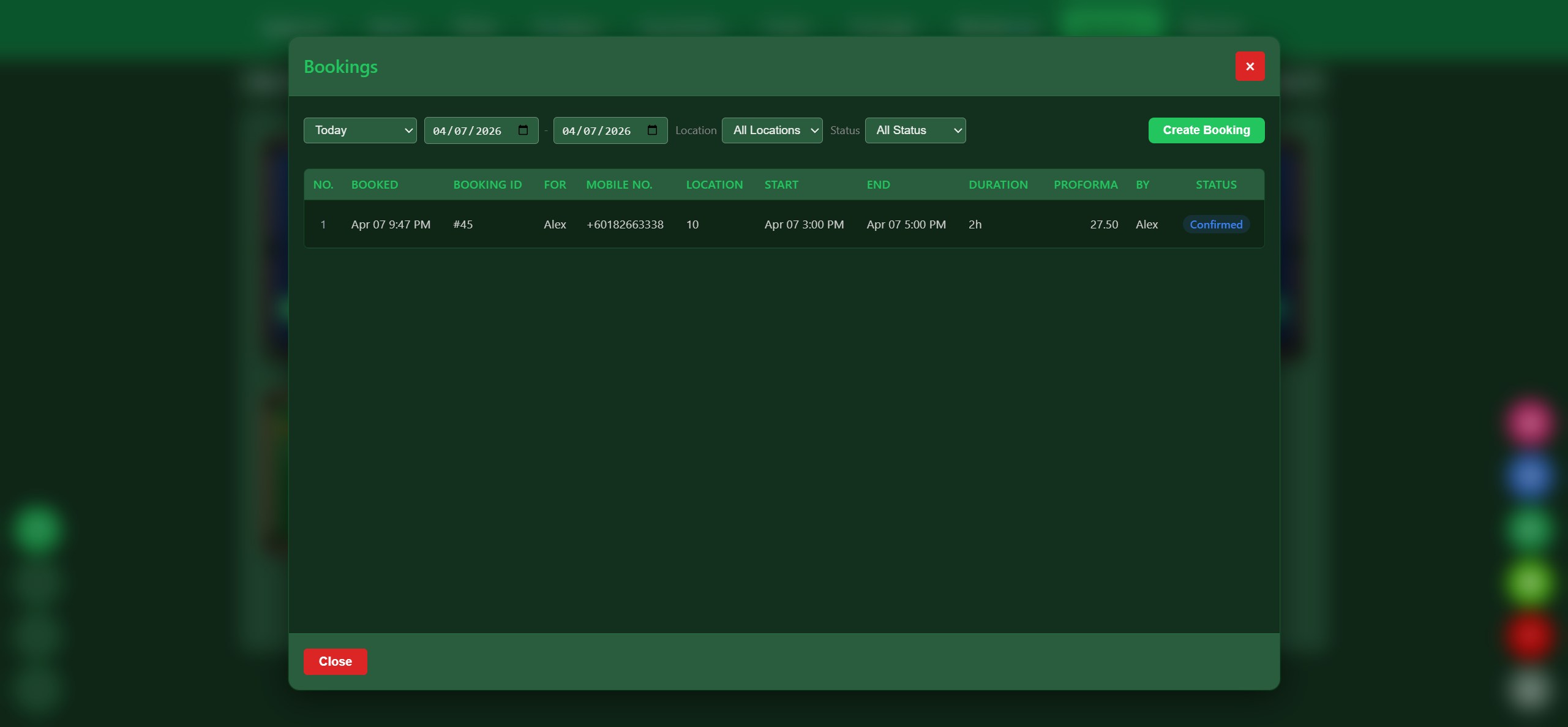 VIP SnookerKING booking calendar view with daily and weekly schedule for snooker table reservations