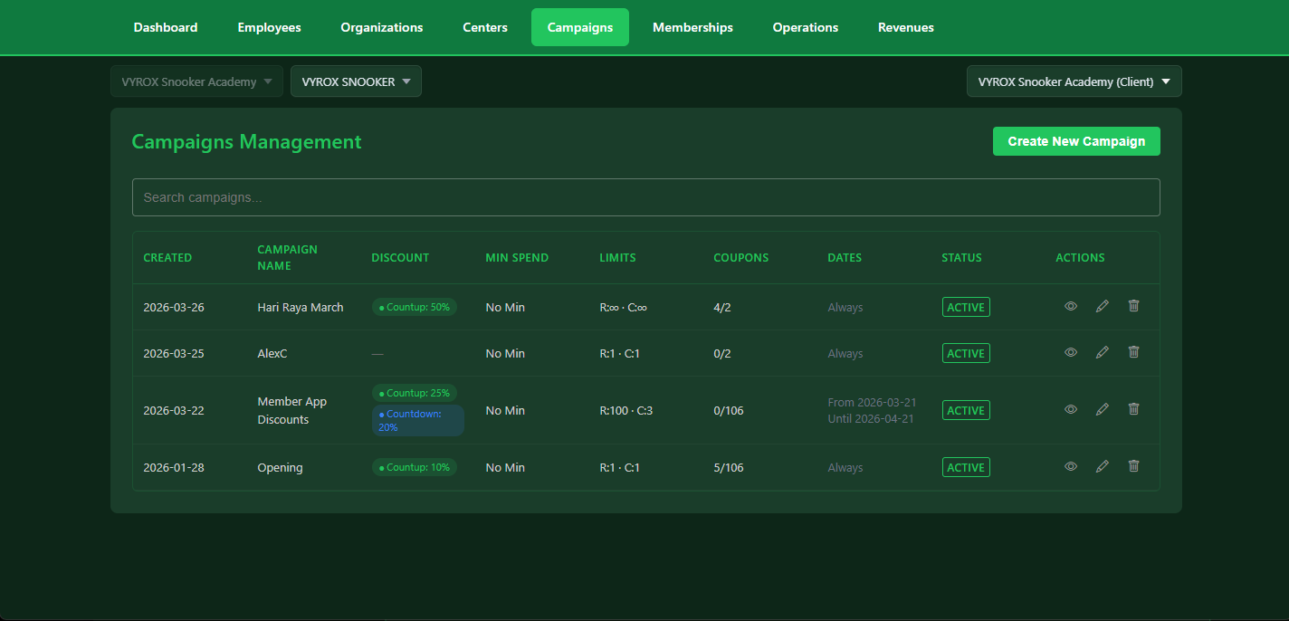 VIP SnookerKING coupon and promotional campaign creation tool for snooker center marketing