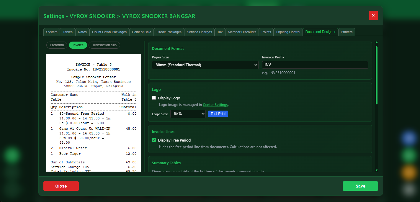 VIP SnookerKING customizable document and invoice template designer for professional snooker center branding