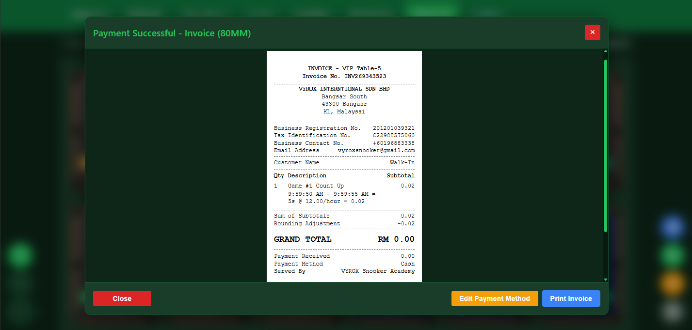 VIP SnookerKING automated invoice and billing management with LHDN e-invoice compliance for Malaysian snooker centers