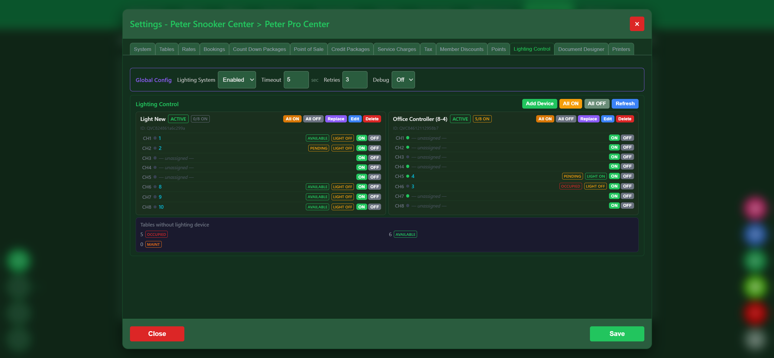 VIP SnookerKING automated lighting schedule with time-based rules for energy-efficient snooker center operations