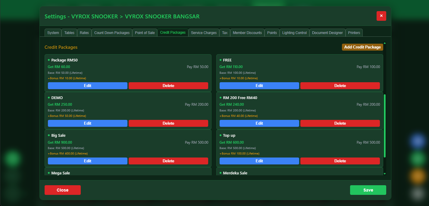 VIP SnookerKING member credit package and digital wallet top-up system with bonus credits for snooker centers
