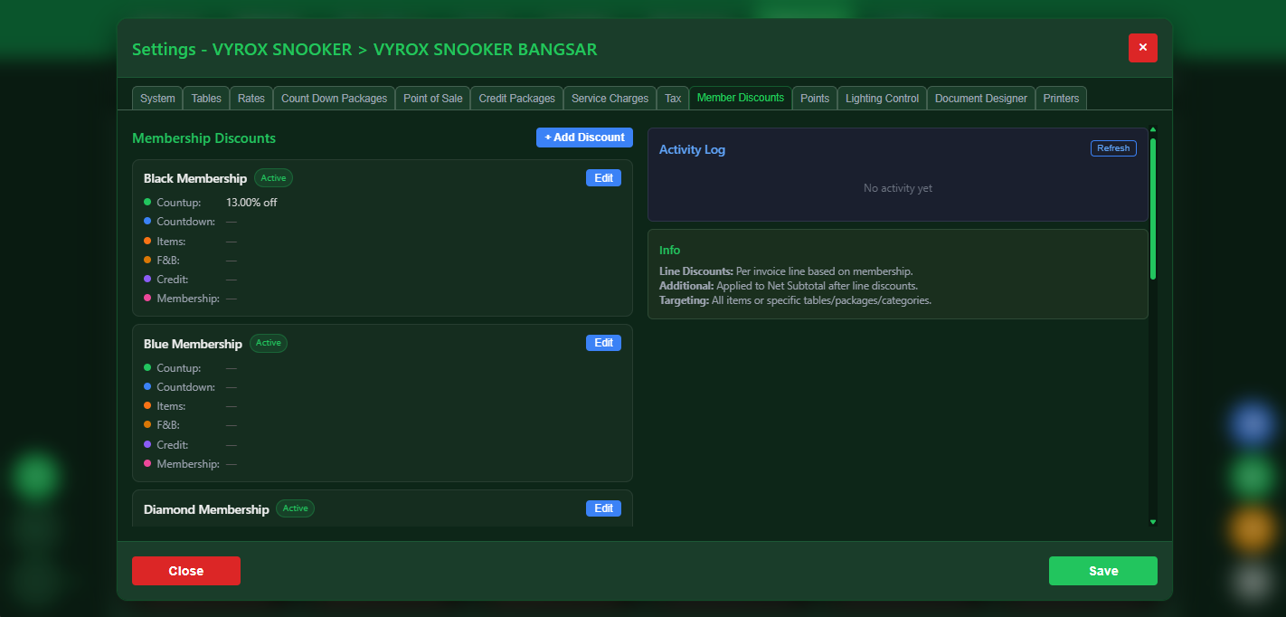 VIP SnookerKING member discount and dynamic pricing configuration for snooker center rate management