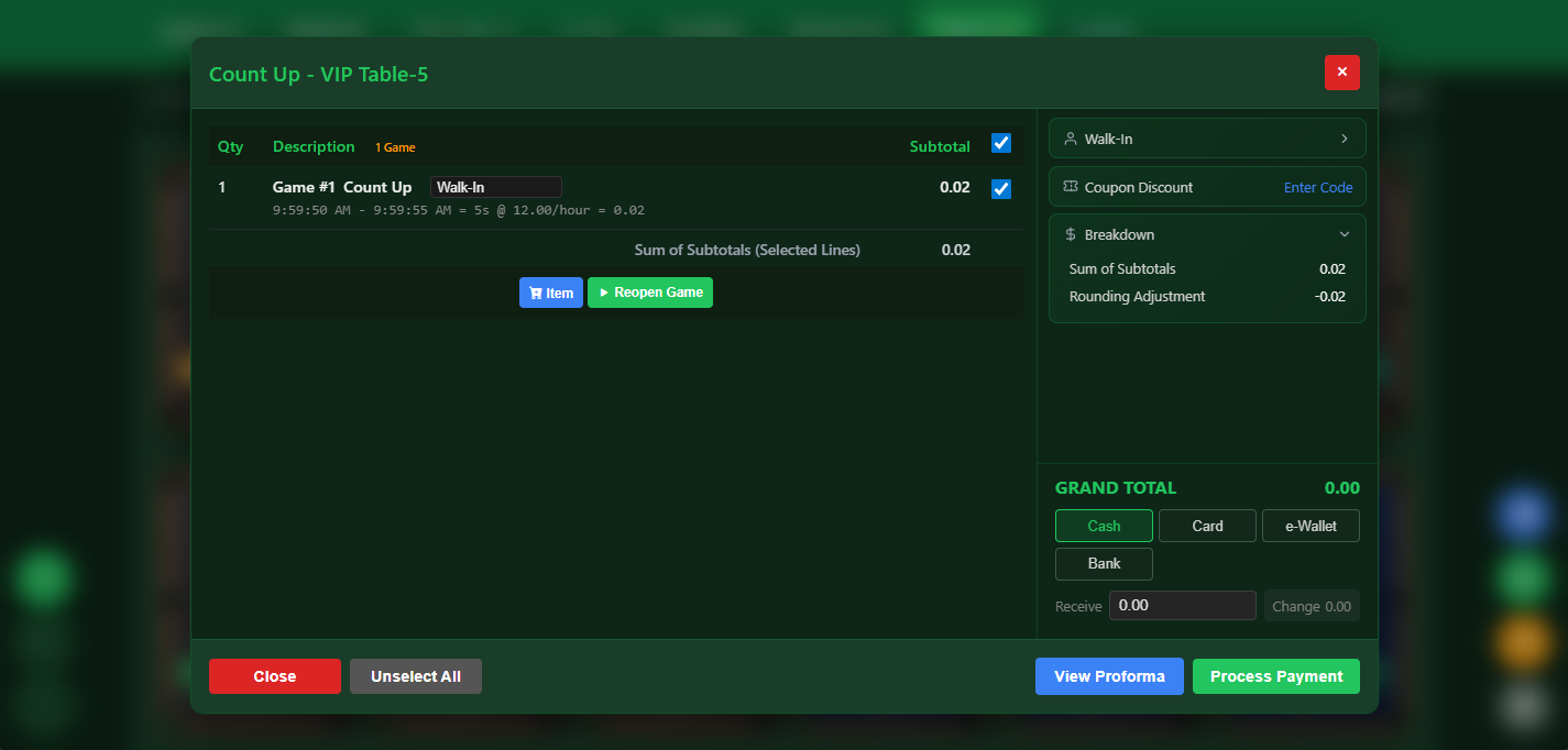 VIP SnookerKING split-bill payment checkout system with multiple payment methods for snooker center billing