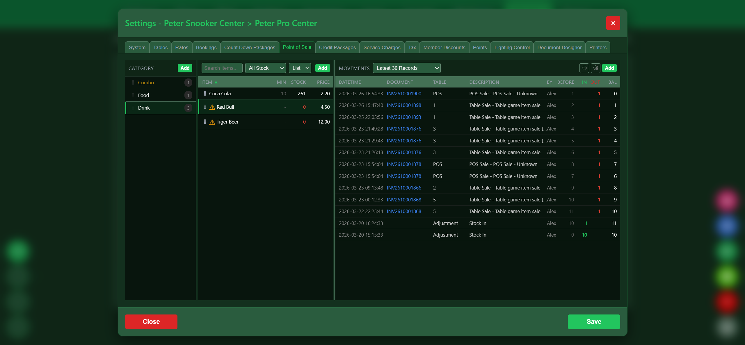 VIP SnookerKING POS category and item configuration with pricing and inventory settings for snooker center food beverage sales