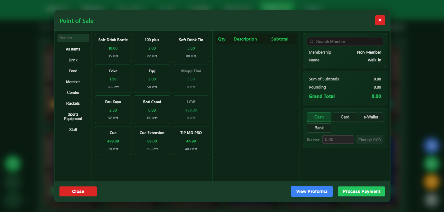 VIP SnookerKING point of sale POS system with inventory tracking and stock management for snooker center food and beverage
