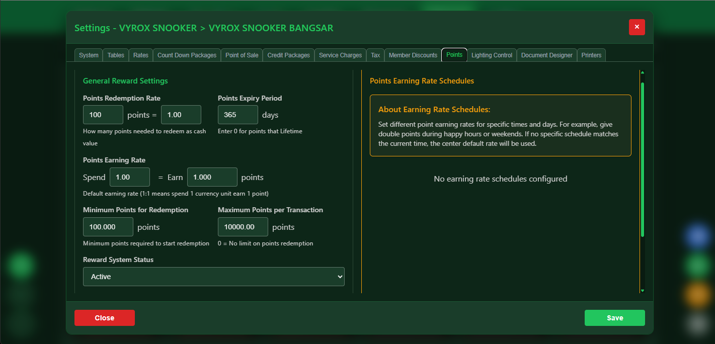 VIP SnookerKING reward points loyalty program with points earning rules and redemption for snooker club members