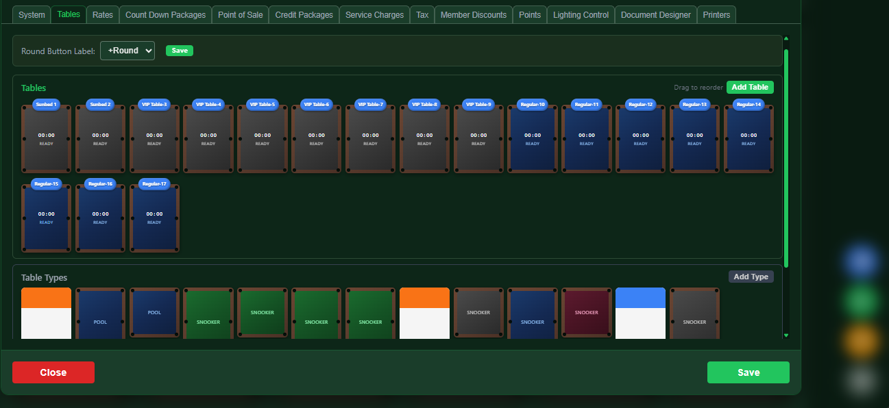 VIP SnookerKING table configuration and settings panel for managing table types, rates, and zones in snooker centers