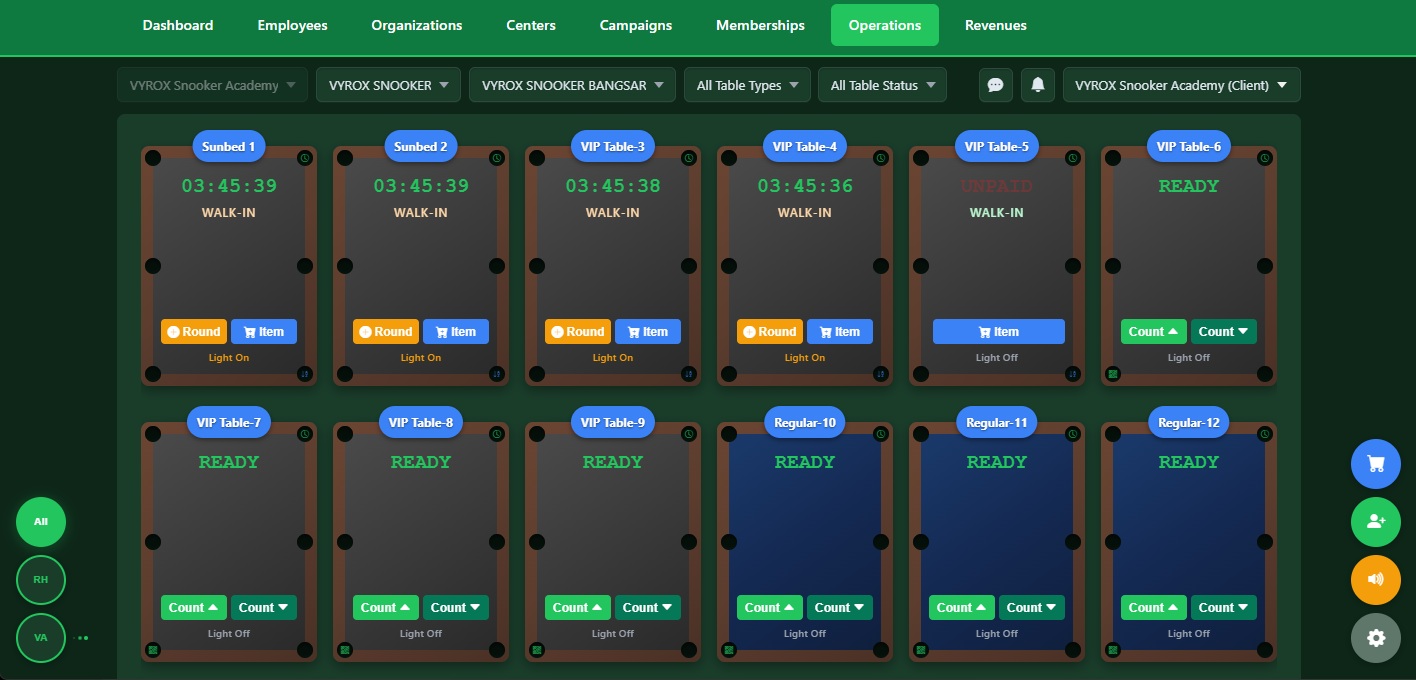 VIP SnookerKING real-time table operations dashboard showing live session status, timer tracking, and table availability for snooker center management