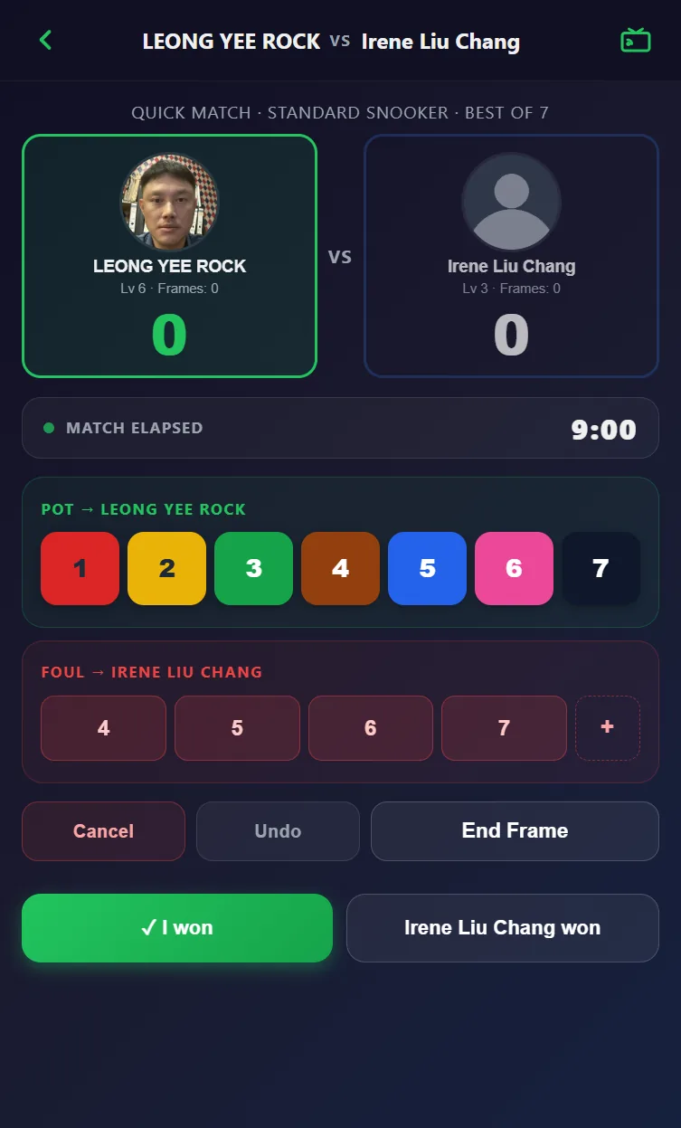 Battle scoring timer card in the Snooker King member app