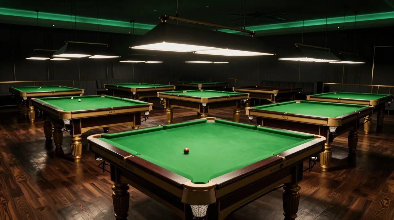 Rows of snooker tables in a dark premium hall