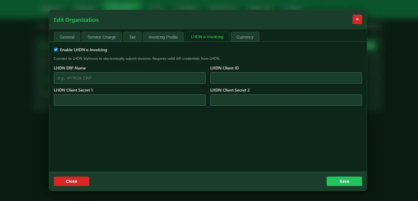 LHDN e-invoice submission screen in Snooker King