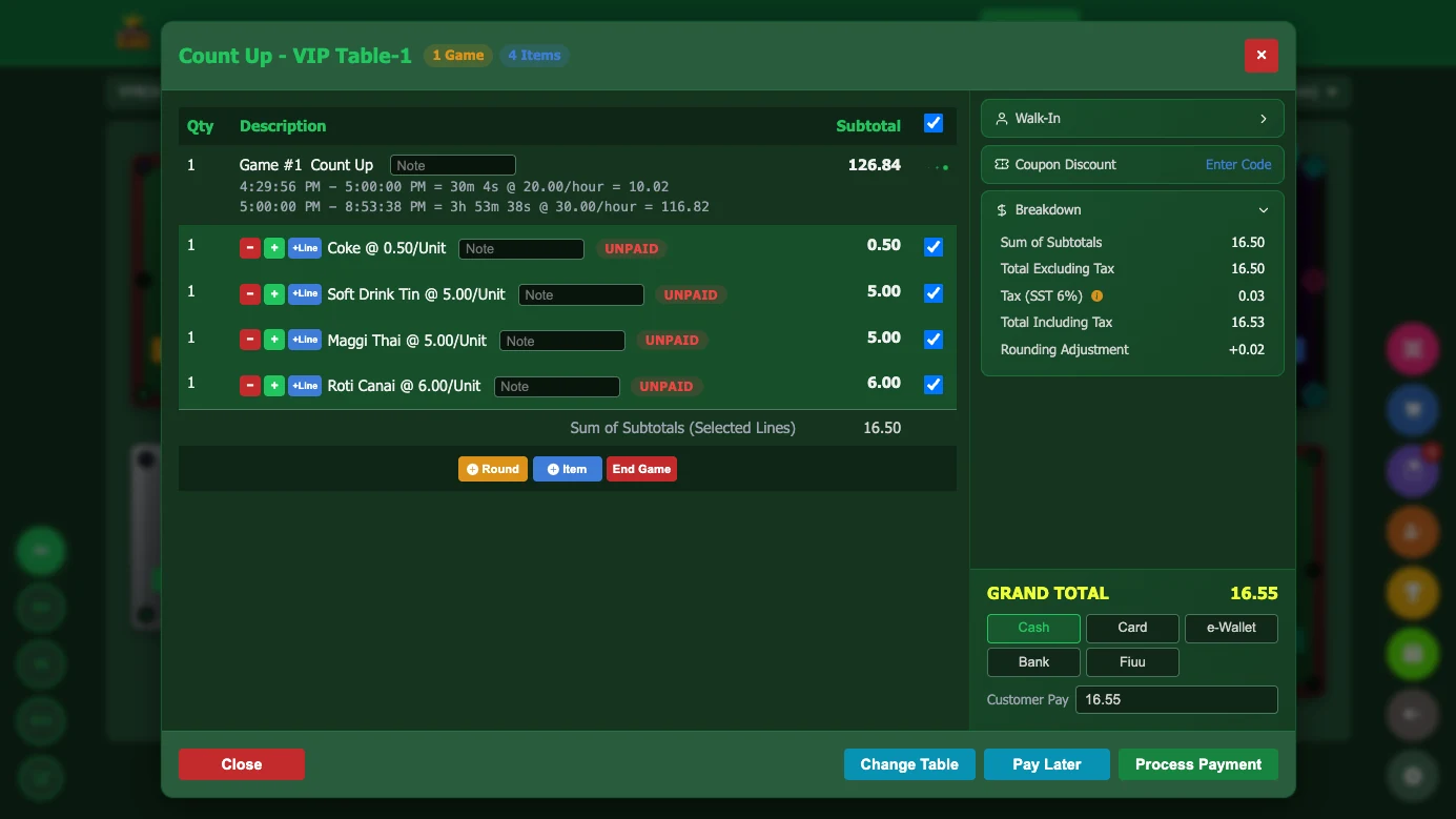 Bill settlement and split payment screen in Snooker King