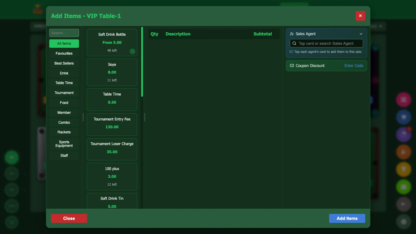 Food and beverage point of sale screen in Snooker King