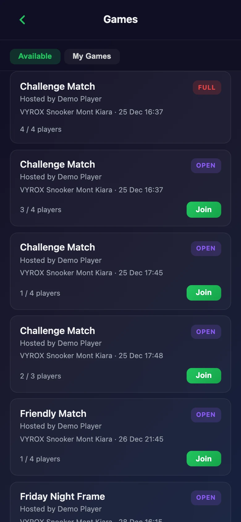 Battles and games in the Snooker King member app