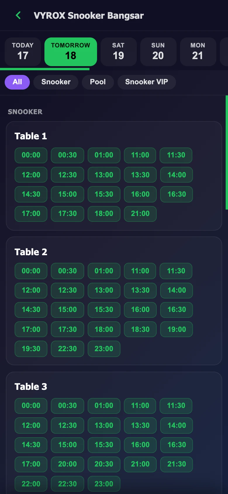 Table booking screen in the Snooker King member app
