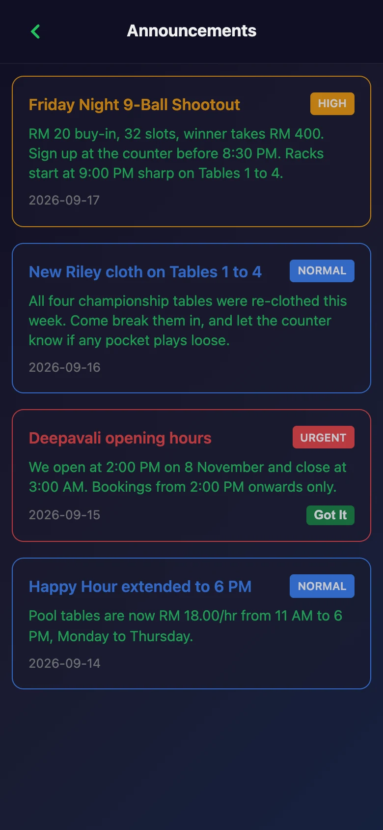Lounge announcements in the Snooker King member app