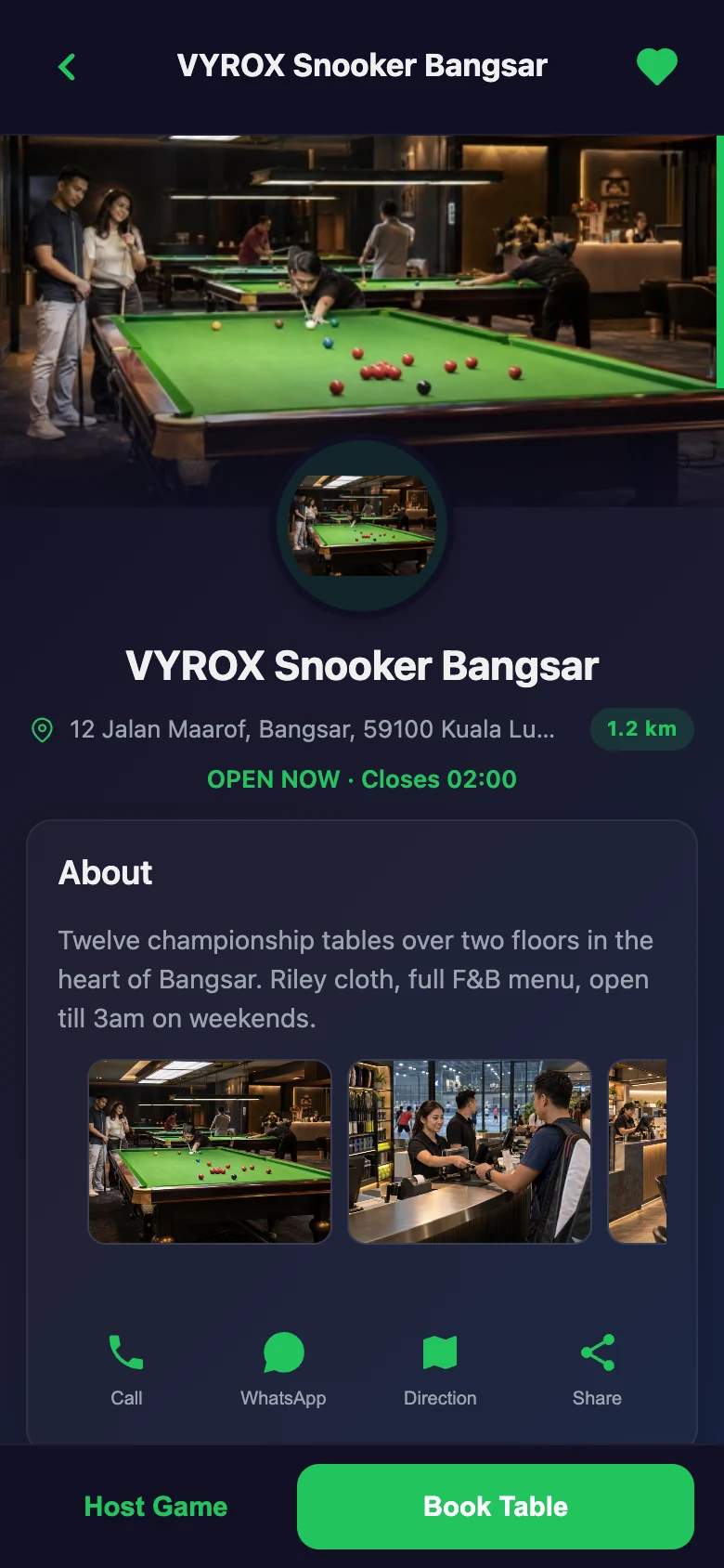 Lounge detail page in the Snooker King member app