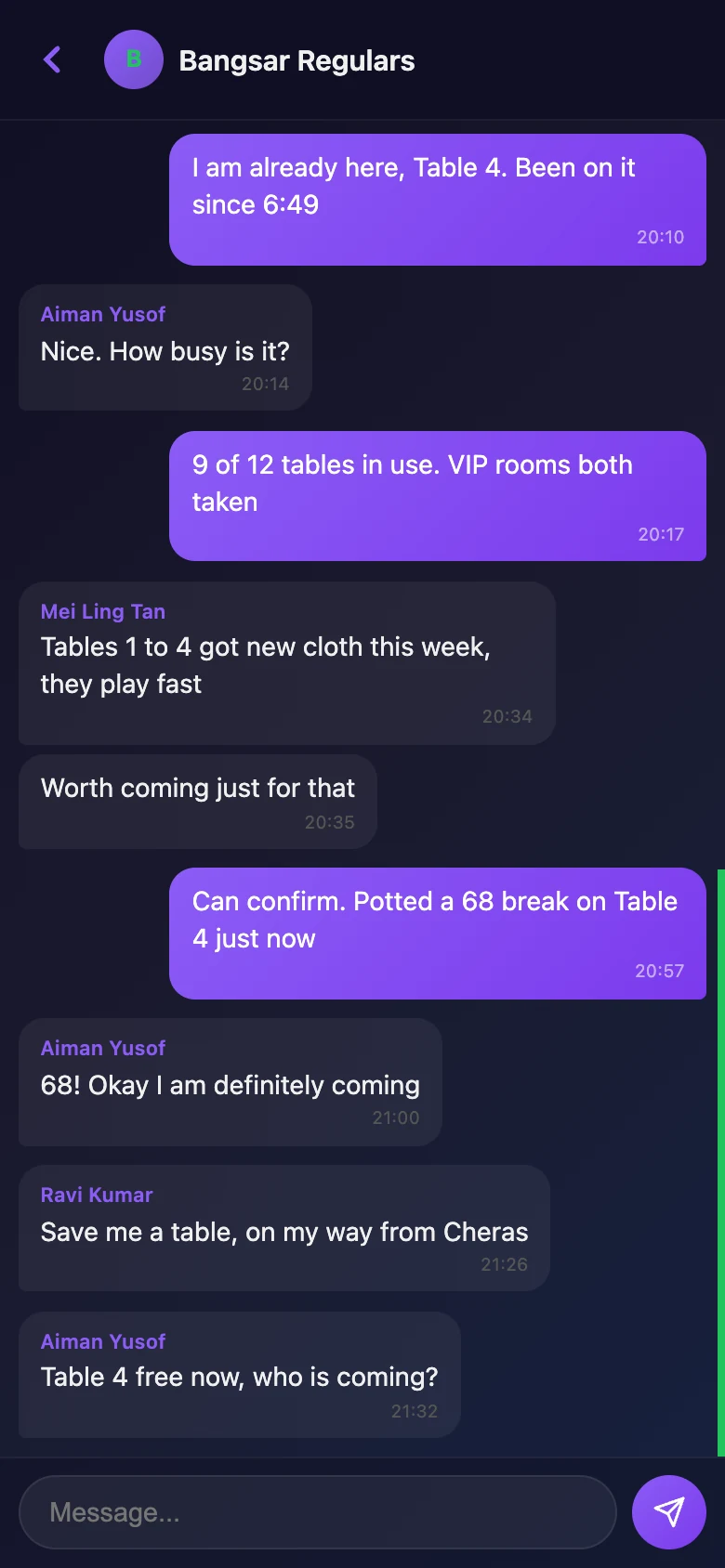 Lounge group chat in the Snooker King member app