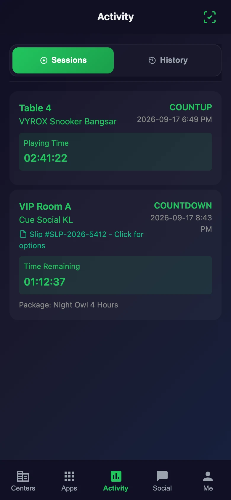 Live table session timer in the Snooker King member app