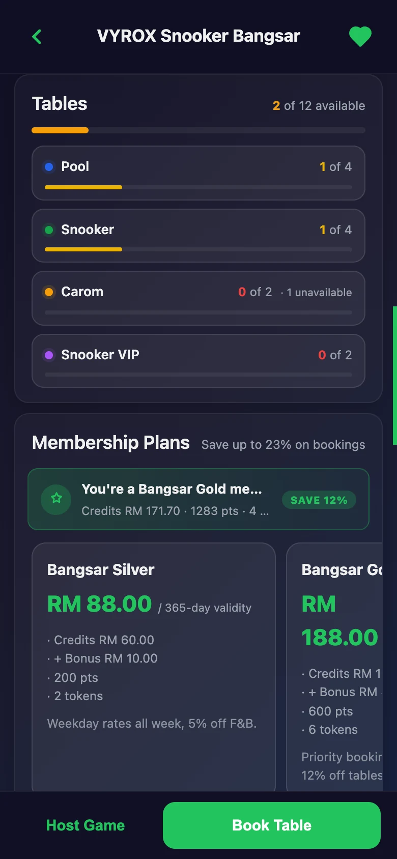 Live table availability in the Snooker King member app