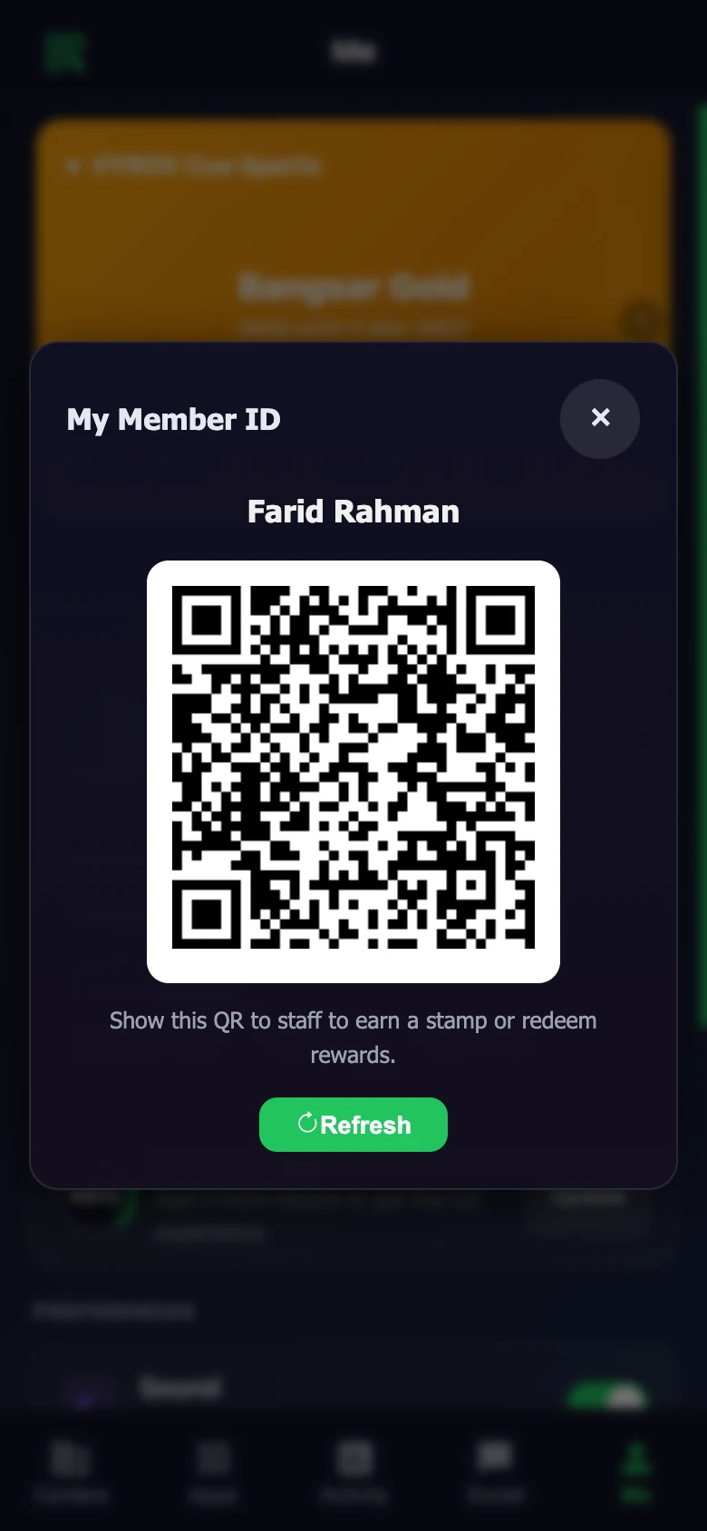 Encrypted member QR card in the Snooker King member app